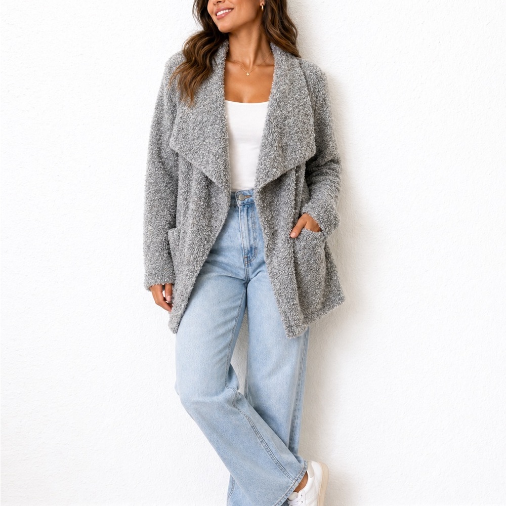 Soft Surroundings‎ Asymmetrical hem Light Gray Teddy Open-Front Jacket M
